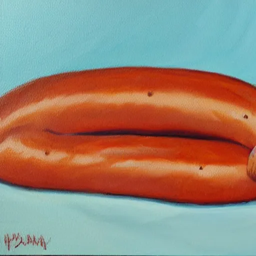 Image similar to an oil painting of a thick greasy sausage