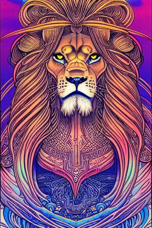 Image similar to illustration of a figure with the head of a lion, prismatic healing waves, rainbows, intricate linework, in the style of moebius, ayami kojima, 1 9 9 0's anime, retro fantasy