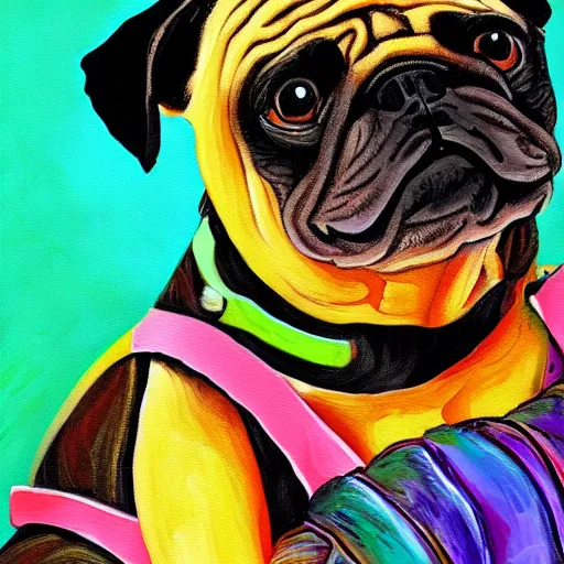 Image similar to a painting of a turtle riding a black pug, colourful, digital art