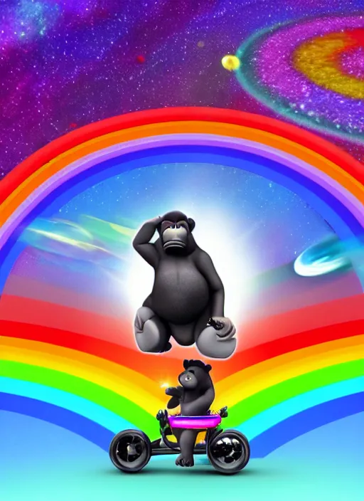Image similar to A photo of a fat gorilla riding a tricycle on a rainbow road in space.