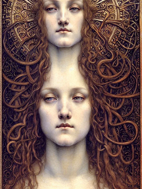 Image similar to detailed realistic beautiful young medieval queen face portrait by jean delville, gustave dore and marco mazzoni, art nouveau, symbolist, visionary, gothic, pre - raphaelite. horizontal symmetry