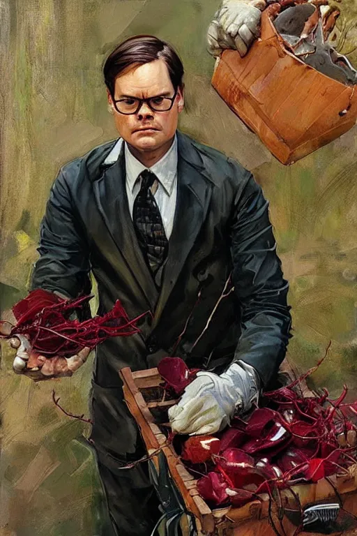 Image similar to dwight schrute gardening, beets!!!, painting by jc leyendecker!! phil hale!, angular, brush strokes, painterly, vintage, crisp