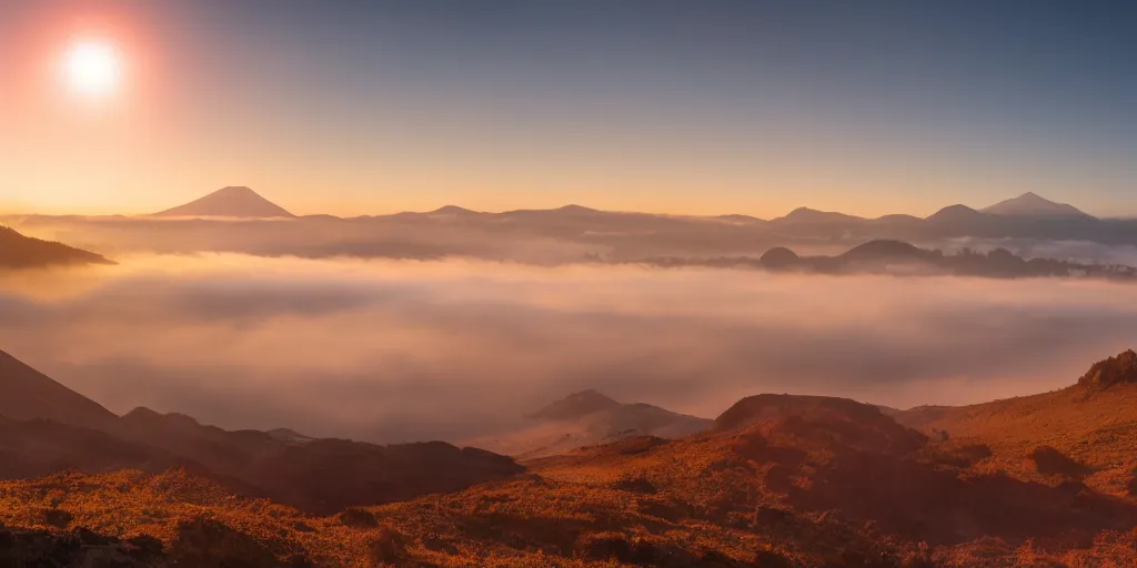 Image similar to landscape, mountains, low fog cover, volumetric lighting, sunrise, volcanoes, dawn, red tint