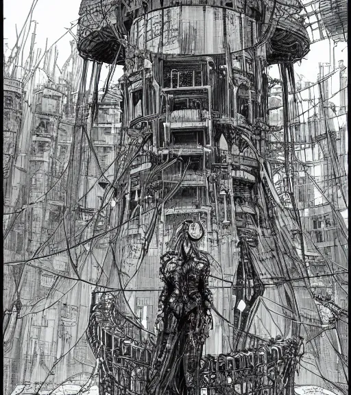 Prompt: andrei tarkovsky cyberpunk scene, epic ancient tower of babylon, woman in transparent cyber clothing, hyperrealistic, blame, manga style, drawing by tsutomu nihei, cyber world, concept art, hyper - detailed, smooth, masterpiece, epic, cinematic, high quality