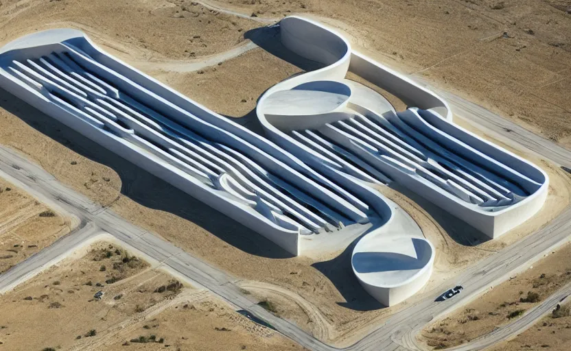 Prompt: parametric structure, medical complex, in the desert beside the gulf, view from above, design by denis villeneuve, dezeen, architectural photography