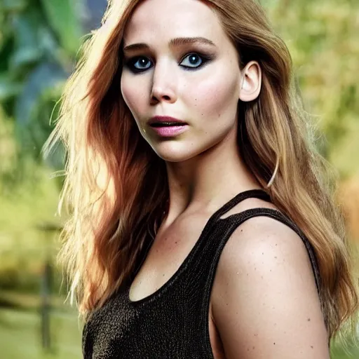 Image similar to a woman who is a genetic combination of jennifer lawrence and elizabeth olsen face and upper - body focus