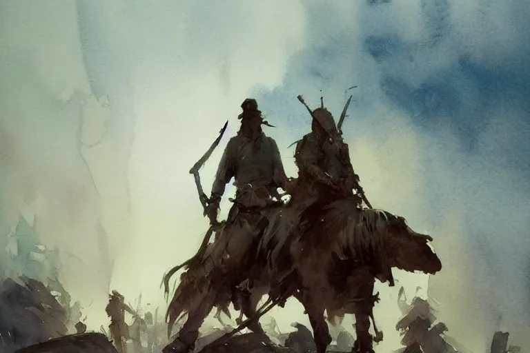 Image similar to small centered on watercolor paper, paint brush strokes, abstract watercolor painting of prehistoric human hunters at nightfall, dramatic cinematic light, national romanticism by hans dahl, by jesper ejsing, by anders zorn, by greg rutkowski, by greg manchess, by tyler edlin