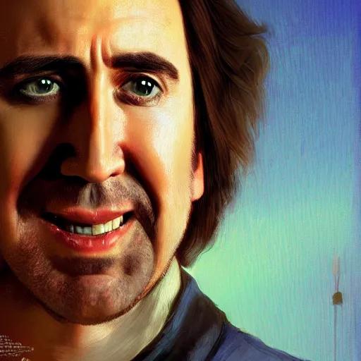 Prompt: Portrait of a Nic Cage in GTA V , art by Albert Bierstadt and James Gurney, highly detailed, digital painting, matte painting, concept art, illustration, oppressive lighting, trending on artstation, very detailed