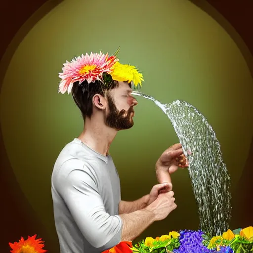 Image similar to man pouring water on head, flowers are in a pot on his head, the pot is part of his head, high detail, 8K digital art