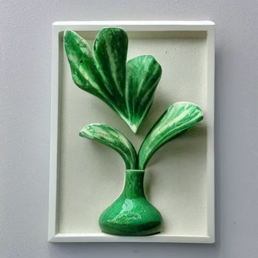 Prompt: a ceramic sculpture of some kind of plant in a glazed surreal abstract hand-crafted frame with imperfections with a white wall behind it and swirling green plants in the center by cleo sjolander