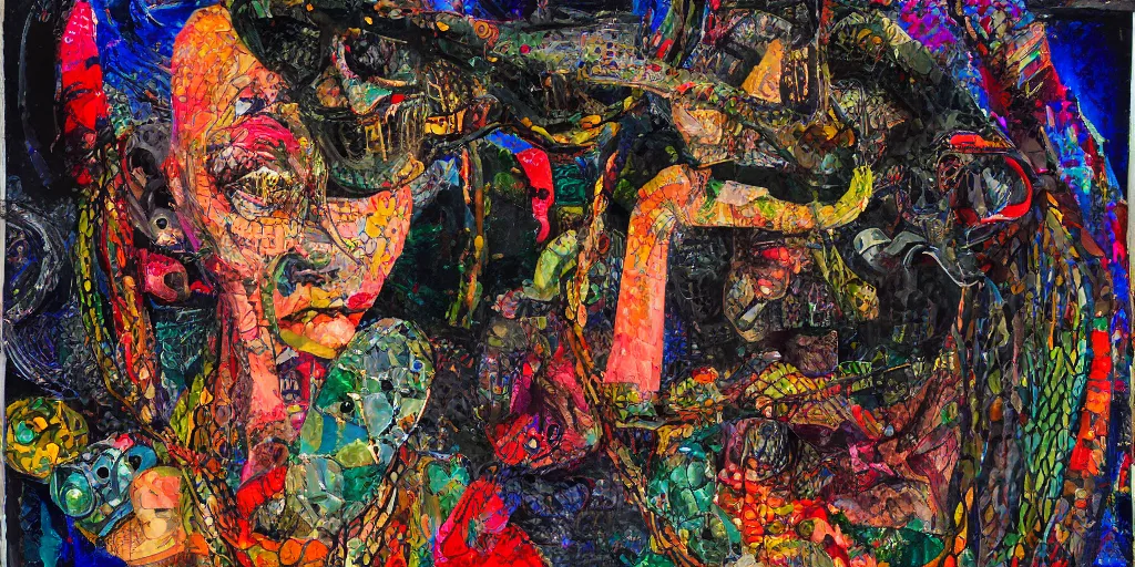 Image similar to reptilian on a chain, girl in balaclava, collage, acrylic on canvas, expressionism movement, breathtaking detailed, by blake neubert