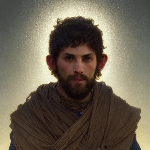 Image similar to Portrait of handsome peasant boy, cinematic lighting, intricate, rugged, highly detailed, digital painting, artstation, smooth, sharp focus, illustration, art by artgerm and greg rutkowski and alphonse mucha and Wayne Barlowe and william-adolphe bouguereau