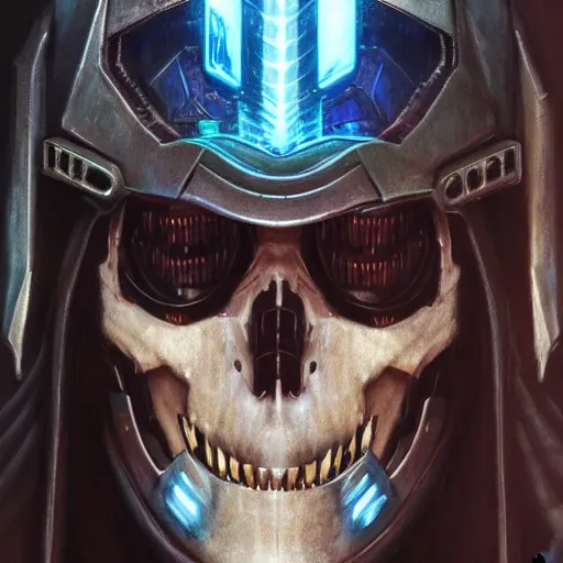 Image similar to the void slayer as a realistic cyberpunk knight, closeup portrait art by donato giancola and greg rutkowski, realistic face, digital art, trending on artstation, symmetry!!, skull helmet