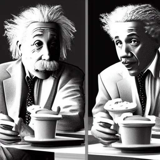 Image similar to Einstein and Obama sitting at McDonalds, ultra detailed, photorealistic, dramatic lighting