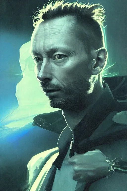 Prompt: A portrait of Thom Yorke as a cyberpunk android, iridescent geometry, surrounded by fractal dust, highly detailed, intricate, soft, sci-fi, sharp focus, subsurface scattering, art by Caravaggio, Greg rutkowski, Moebius, Greg Rutkowski, Alphonse Mucha, Norman Rockwell, Tom Bagshaw.