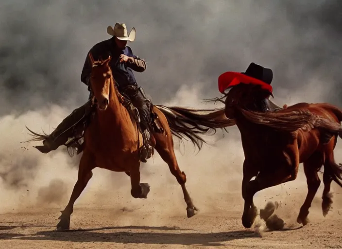 Image similar to a cowboy horse chase vigilantes with face masks disguise, shoot out, exploding horse wide shot, from the hit 1 9 9 0 s tv show on tnt