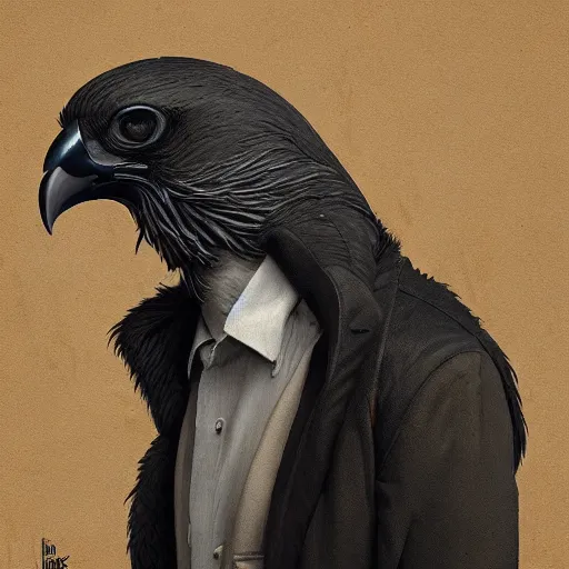 Image similar to ripped physique beak beak Man portrait Sherlock Samuel Beckett Beak Detective Anthropomorphic furry fashion vogue Vulture man wearing a Buzzard costume wearing a hobo costume gerald brom bastien grivet greg rutkowski norman rockwell portrait face head beak eyes illustration tombow