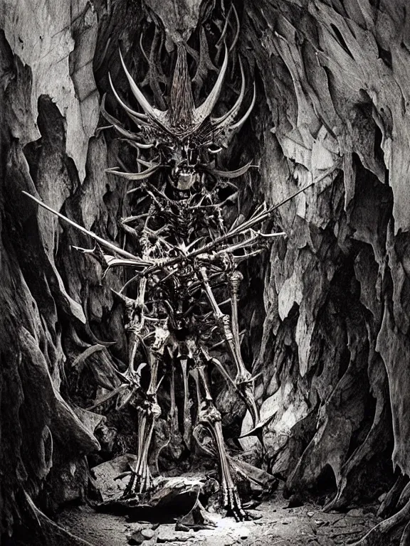 Image similar to A spiked horned skeleton with armored joints stands in a large cave with a huge weapon. Extremely high detail, realistic, fantasy art, solo, masterpiece, bones, ripped flesh, art by Zdzisław Beksiński, Arthur Rackham, Dariusz Zawadzki