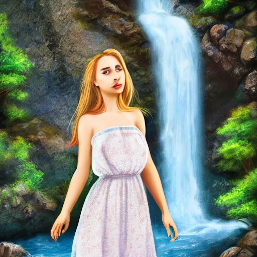 Prompt: beautiful woman in her late 20s wearing a cottagecore summer dress, light blonde shoulder-length hair, standing near a waterfall, 4k digital art, digital painting, highly detailed and intricate