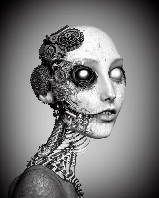 Image similar to black and white dreamy foggy smoky profile face portrait, one silver steampunk realistic eye biomechanical beautiful young female cyclope - cyborg - robot bust, body ribs meshes,, volumetric light, hibiscus flowers, by hg giger, rim light, by dora maar and cecile beaton, big gothic fashion pearl embroidered collar, 8 k