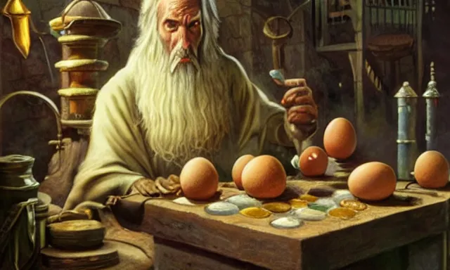 Prompt: Pensive Wizard examines eggs with calipers, by Alex Horley
