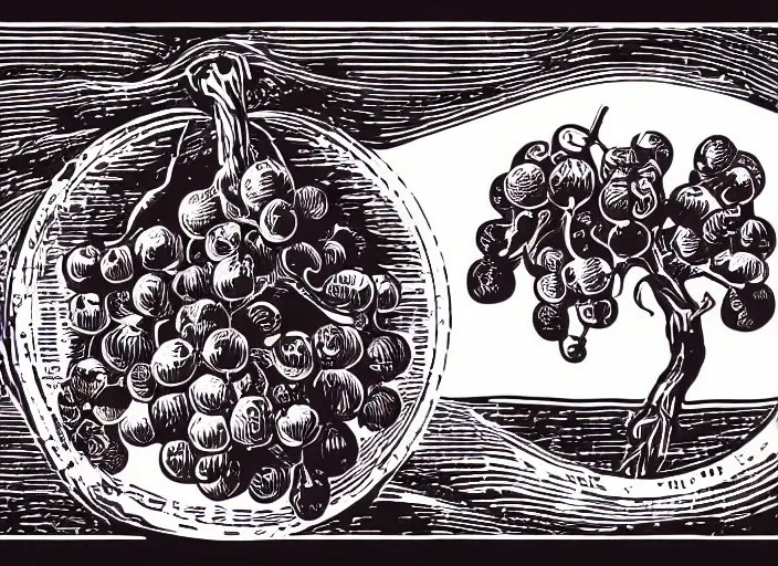 Prompt: wine label, vector graphic, linocut grapevine by greg rutkowski, fine details, highly detailed