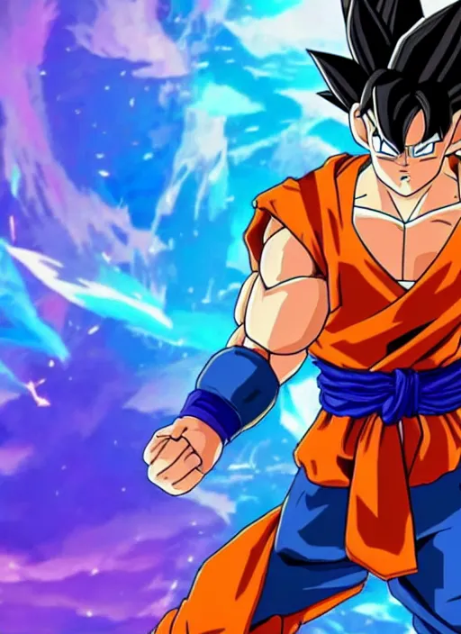 Image similar to game still of a sayan goku as a fortnite skin in fortnite, pose.