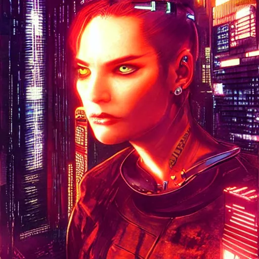 Image similar to Cyberpunk woman with eye implants, city, sunset, night, moon, buildings, portrait shot, illustration, poster art by Drew Struzan