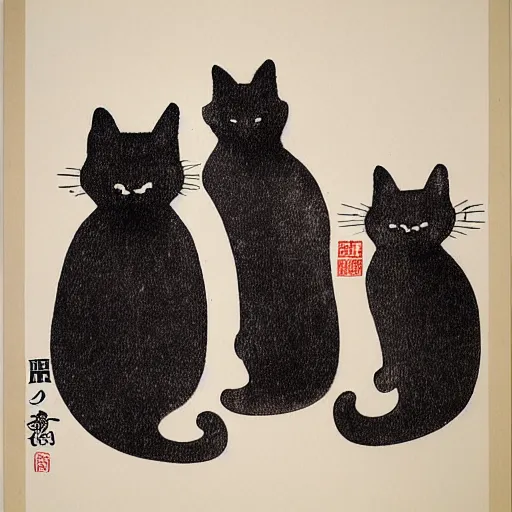 Prompt: three cats on top of a skyscraper japanese ink print