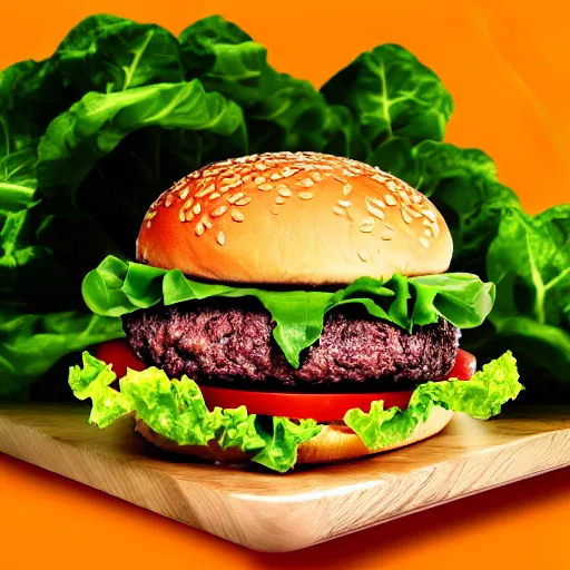 Prompt: a beautiful color - full flying ( ( ( double cheese burger ) ) ) juicy meat, sweaty salad and tomato, neutral background, tv advertisement video shot style, tv, ad, advertisement, tv spot, tv grain, tv colors