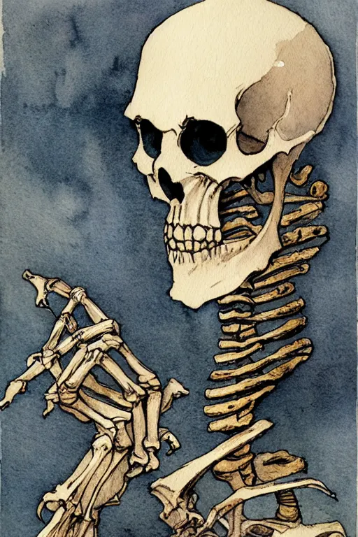 Image similar to a simple and atmospheric watercolour portrait of a skeleton king on halloween, very muted colors, by rebecca guay, michael kaluta, charles vess and jean moebius giraud