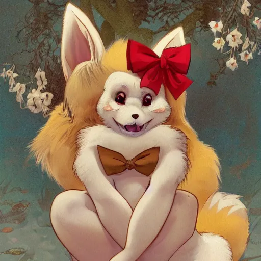 Prompt: an adorable zany girly alluring chubby charming but slightly terrifying # fennic fox wolf rabbit hybrid, with long floppy rabbit ears, wearing a cute girly bow on the top of its head, grinning at the camera with a mischievous look, sharp teeth, happy lighting, at a tropical beach, greg rutkowski and alphonse mucha and jin xiaodi and anthony devine