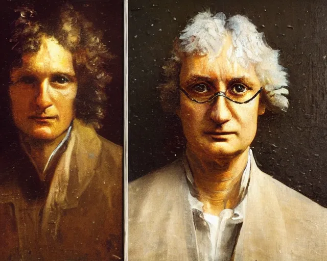 Prompt: painterly portrait, Isaac Newton, impasto, fantasy, chuck close:7, carl spitzweg:7, cinematic light, full face, symmetrical face