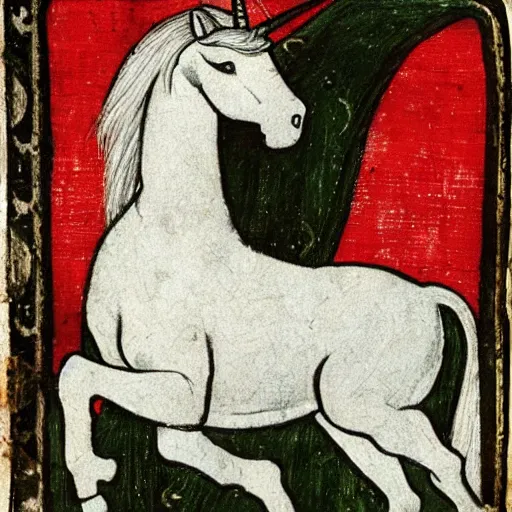 Prompt: unicorn portrait as a medieval gravure