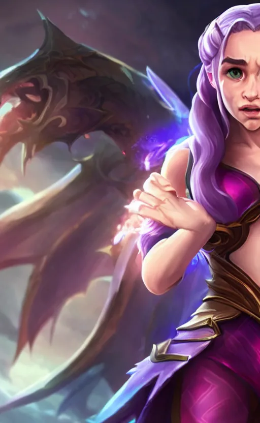 Image similar to Emilia Clarke as a character in the game League of Legends, with a background based on the game League of Legends, detailed face, old 3d graphics