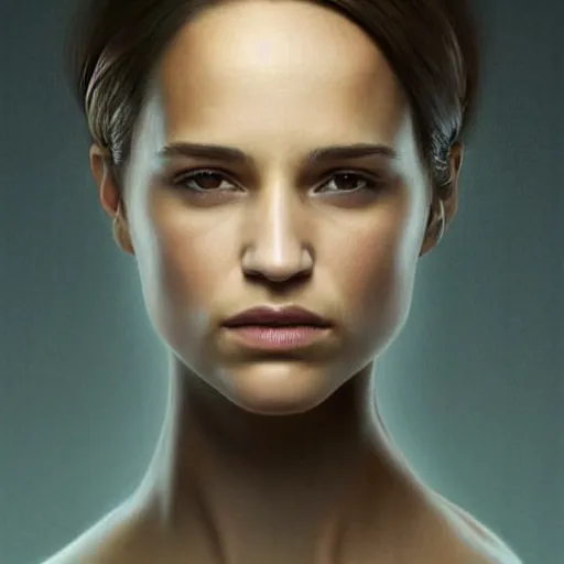Image similar to Alicia Vikander in Ex Machina looking in the mirror, no noise, elegant, concept art, sharp focus, beautiful face!!, digital art, smooth defined outlines!!, by Brom, trending on Artstation, Tom Bagshaw, Sargent