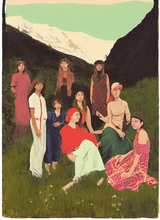 Image similar to composition by justine kurland, a zoomed out portrait of a group of beautiful diverse girls in diverse clothing in a scenic representation of mother nature and the meaning of life by billy childish, thick visible brush strokes, shadowy landscape painting in the background by beal gifford, vintage postcard illustration, minimalist cover art by mitchell hooks