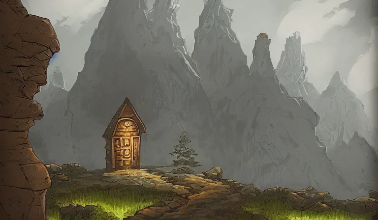 Prompt: A serene landscape with a singular building in the style of dungeons and dragons illustrations