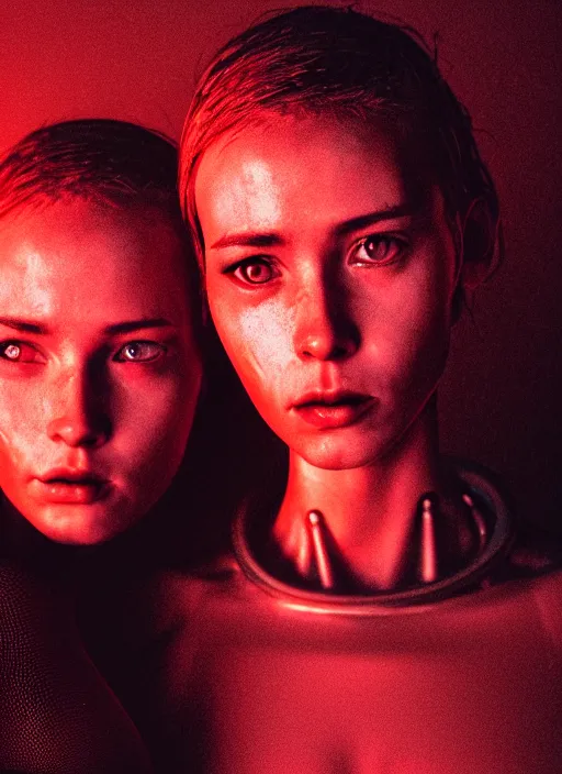 Prompt: cinestill 5 0 d photographic portrait of two loving female androids wearing rugged black mesh techwear on a desolate plain with a red sky, extreme closeup, modern cyberpunk, dust storm, 8 k, hd, high resolution, 3 5 mm, f / 3 2, ultra realistic faces, ex machina, blade runner