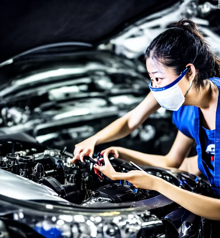 Prompt: a photo close up a female mechanic tuning the engine of a jdm supercar, wearing mask, japanese tuning garage, gunma prefecture, midnight, photorealistic, cinematic color, studio lighting, highly detailed, bokeh, style by tomino - sama