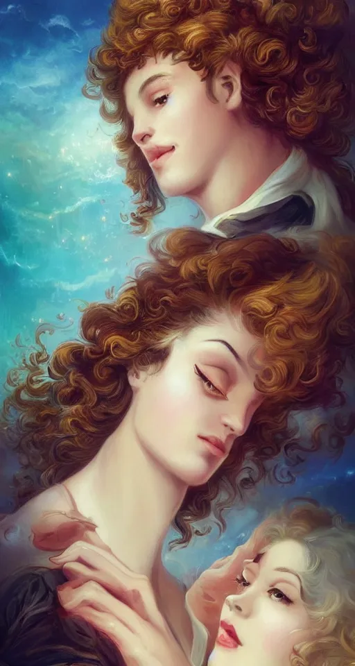 Prompt: A vintage rococo painting Charlie Bowater and Gabrielle Ragusi by Salvador Dalle Lisa Frank :: He always knew she was the one :: dapper man handsome with beautiful hair and brown eyes, a smile to take your breath away. Cute and mine from the first meeting until the end of time :: hd