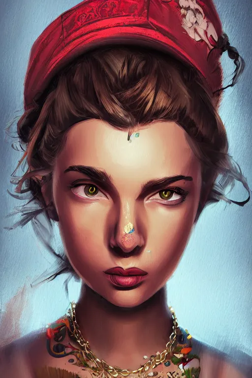 Image similar to portrait of a gangster girl, cute face, intricate, highly detailed, digital painting, official media, concept art, rich vivid colors, ambient lighting, sharp focus, illustration