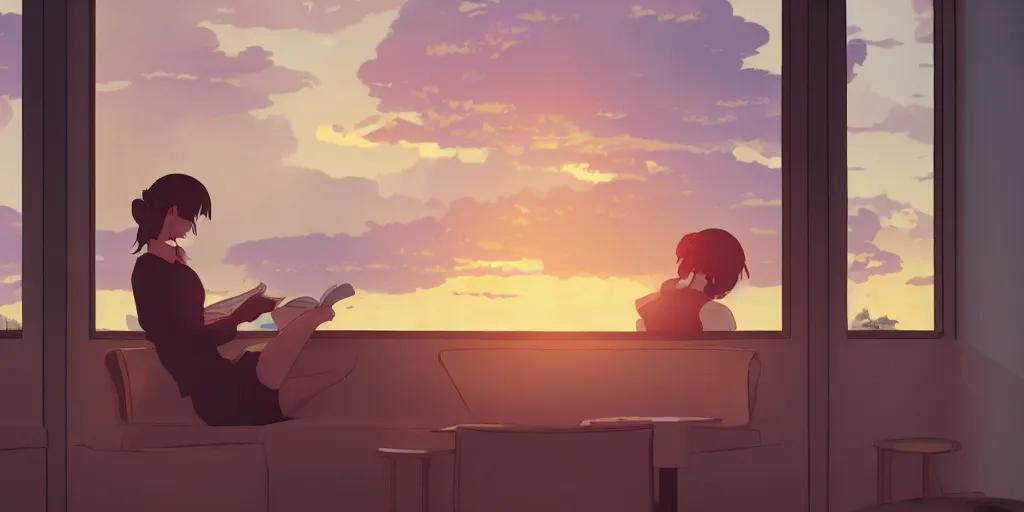 Image similar to Girl reading in a window seat in a coffee shop at sunset cinematic lighting, style by Makoto Shinkai