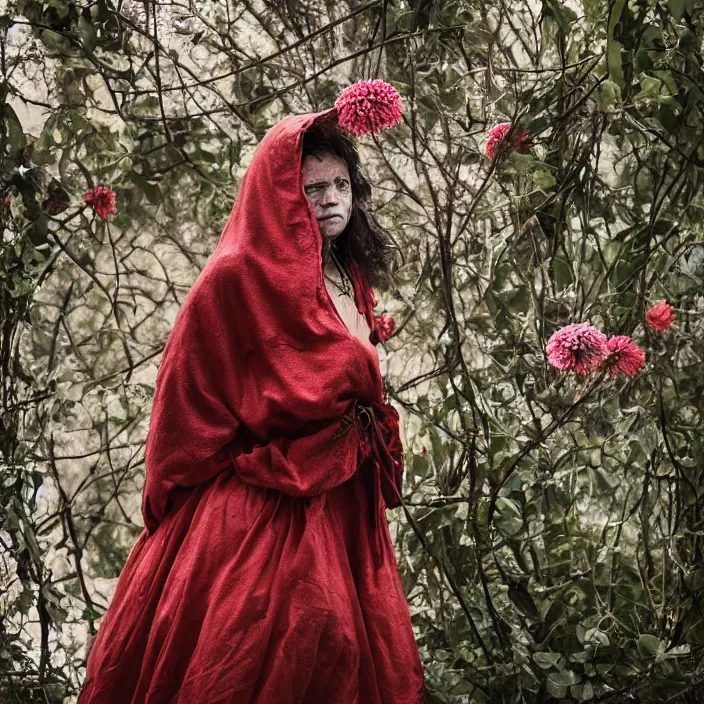 Prompt: a closeup portrait of a woman wearing a hooded cloak made of zinnias and barbed wire, in a derelict house, by Charlotte Grimm, natural light, detailed face, CANON Eos C300, ƒ1.8, 35mm, 8K, medium-format print