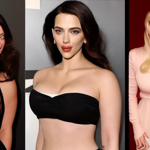 Image similar to a woman who is a genetic combination of kim kardashian and kat dennings and scarlett johansson and margot robbie and emma watson, face and upper - body focus