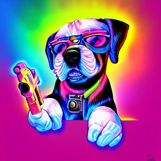 Image similar to portrait of a puppy with UV neon fur holding a gun, in style of Lisa Frank, Artgerm, WLOP, featured on Artstation, deviantart