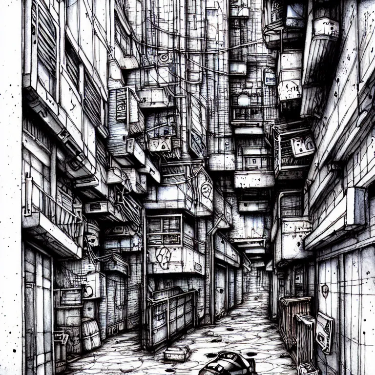 Prompt: an absurdly-detailed cyberpunk alleyway watercolor-calligraphy-pen drawing. Sea-life in a submerged-city.