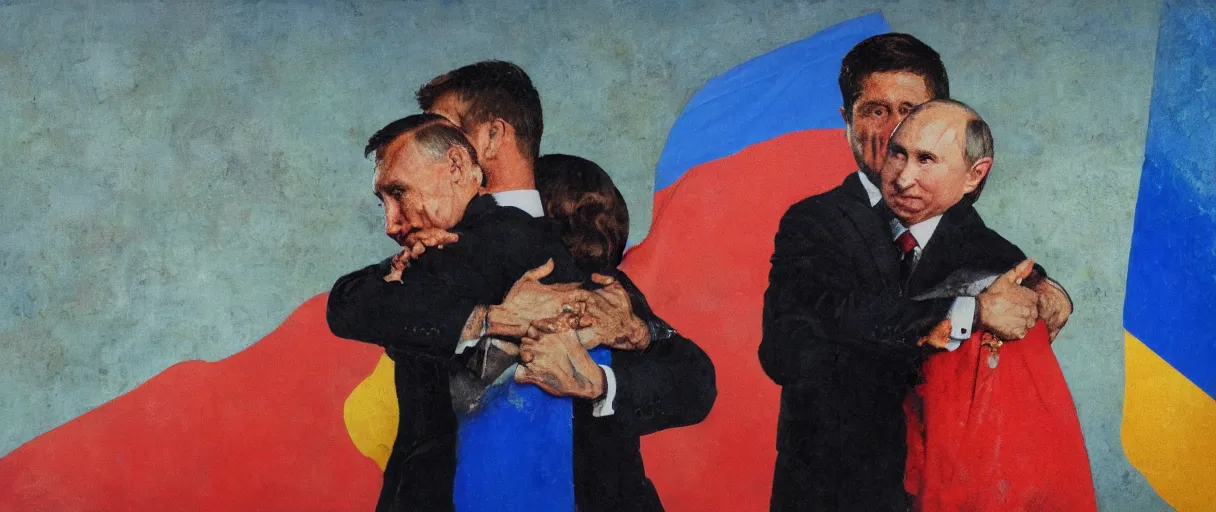 Image similar to volodymyr zelensky hugging and kissing vladimir putin, dramatic torn ukraine and russian flag in the backround, hd artstation, igor v babailov, joan baez, dean cornwell, norman rockwell, ilya kuvshinov, j c leyendecker, victo ngai, mc clelland barclay, cinematic, wide angle shot
