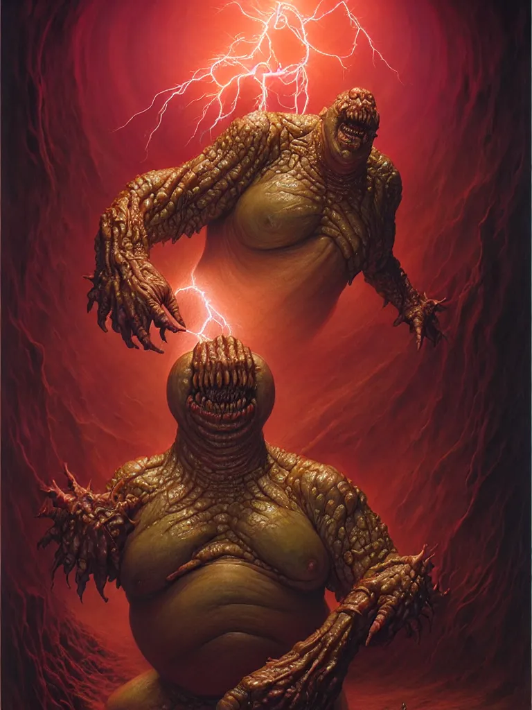 Image similar to hyperrealistic rendering, fat smooth cronenberg flesh monster epic demon overlord by donato giancola and greg rutkowski and wayne barlow and zdzisław beksinski, eyeballs, lightning, magic runes, product photography, action figure, sofubi, studio lighting, colored gels, colored background