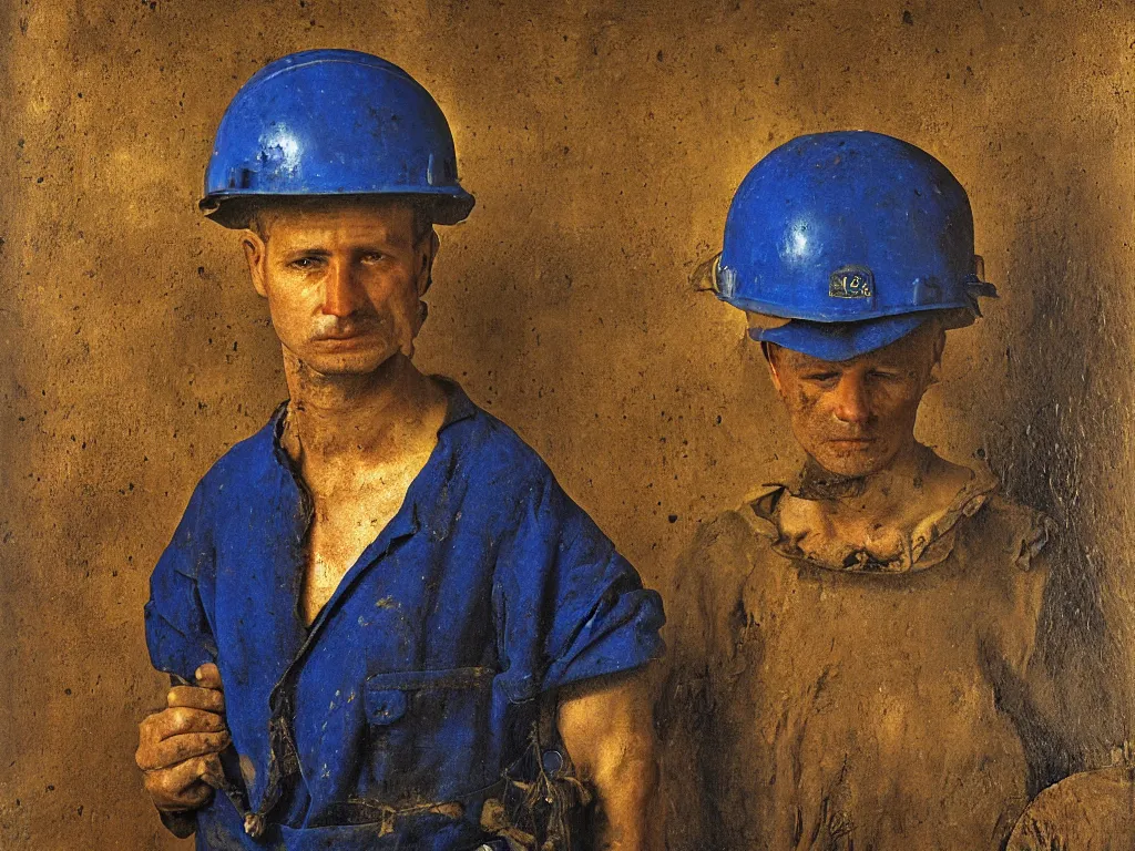 Image similar to portrait of a miner in the coal mines. Lapis lazuli. Painting by Jan van Eyck, August Sander.